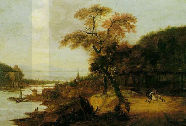 Jacob van der Does Landscape along a river with horsemen, possibly the Rhine. France oil painting art
